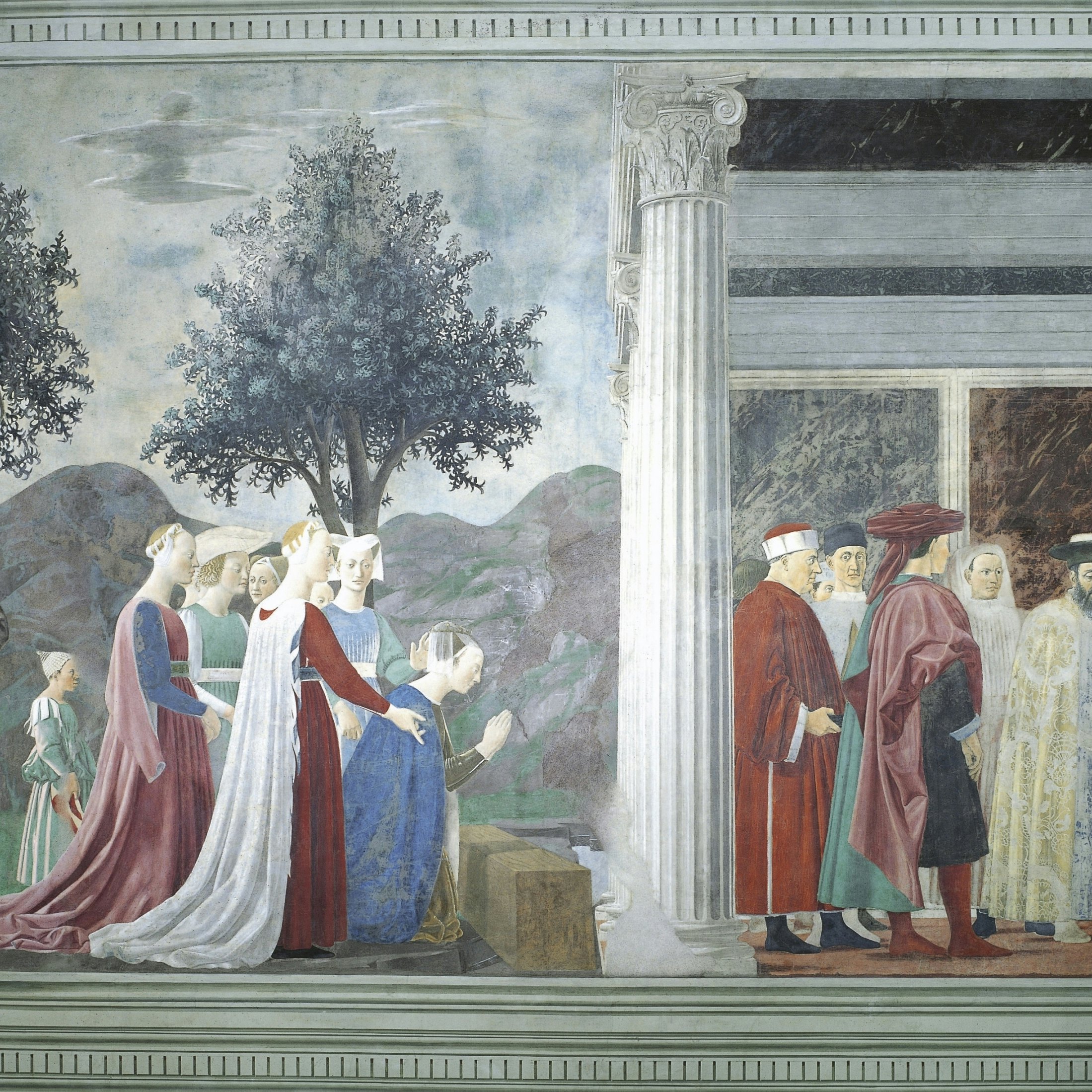 Detail from the Legend of the True Cross showing adoration of Sacred Wood and meeting of Queen of Sheba and King Solomon, by Piero della Francesca, 1452-1466, fresco