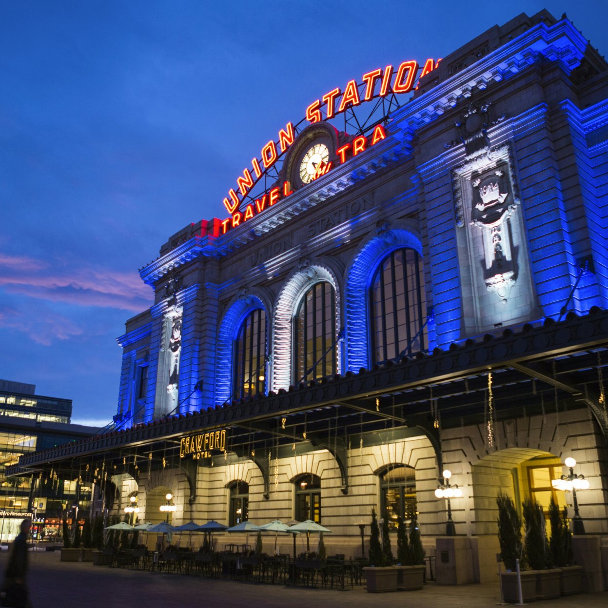 Denver, CO, USA - January 12th, 2016: A night time photo taken of Union Station and the Crawford Hotel in downtown Denver Colorado at the corner of 17th Street and Wynkoop Street.