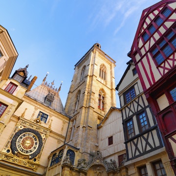 France, Normandy, Seine-Maritime, Rouen, Low angle view of Le Gros Horloge