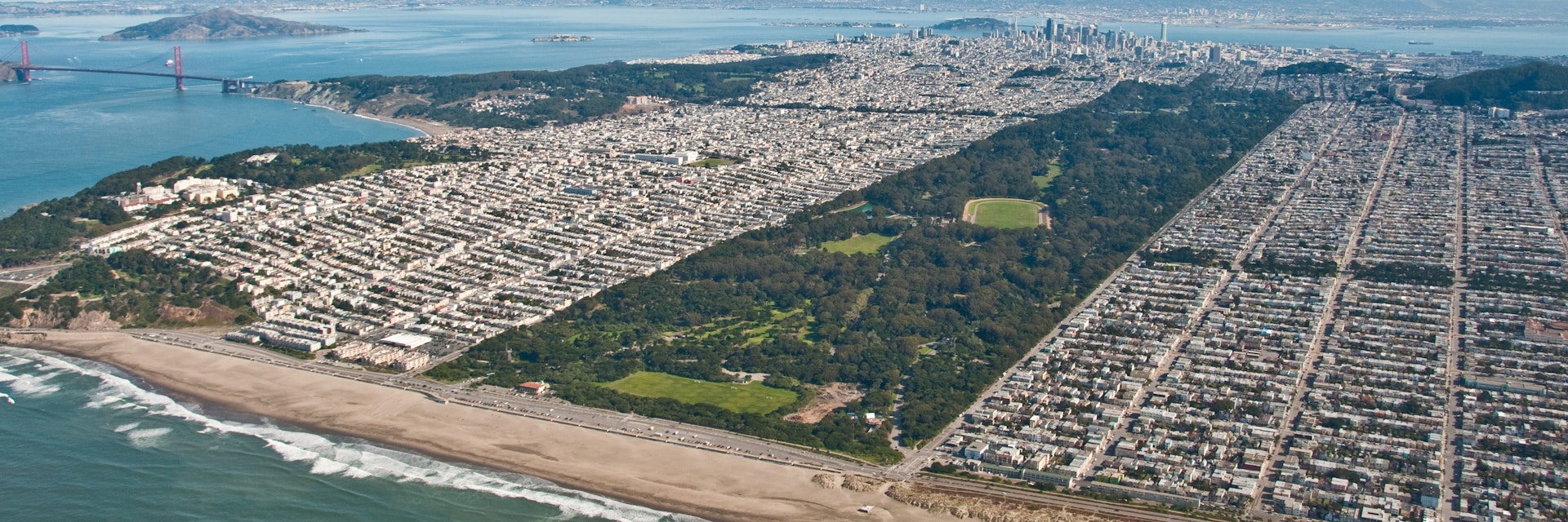 An aerial view of Golden Gate Park from the Pacific Ocean. Golden Gate Park is the third most visited city park in the US.