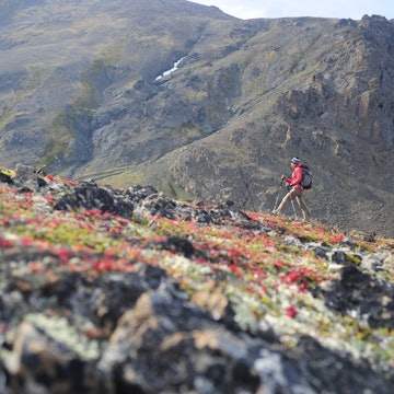 Backpacker hike in Chugach State Park near Anchorage, Alaska.