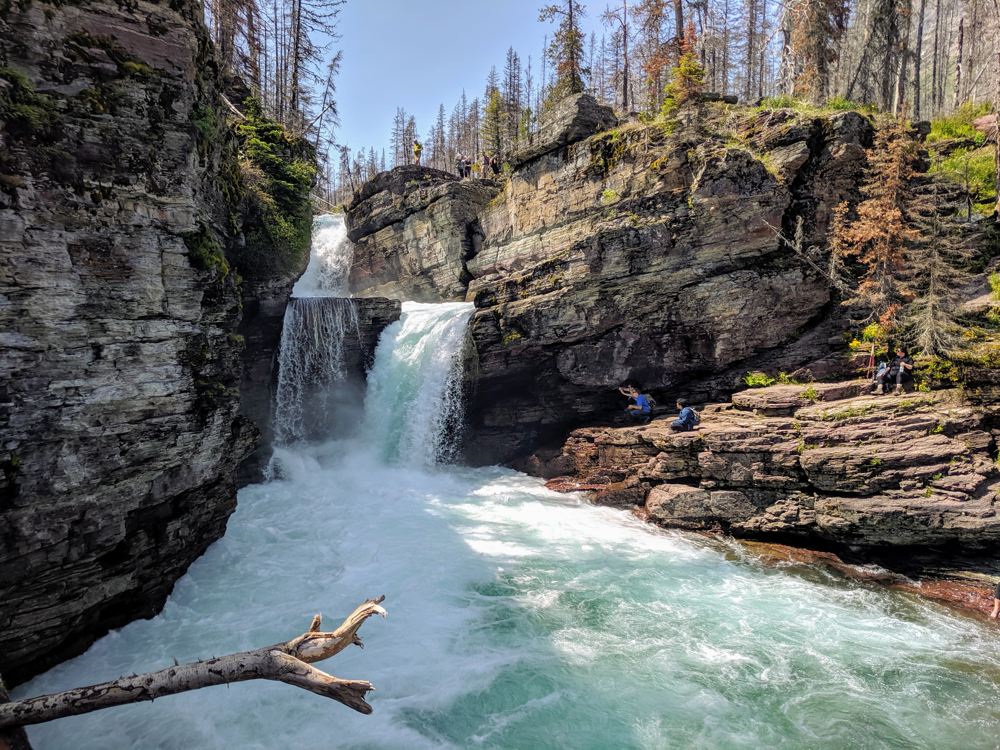 A turquoise cascade falls over rocks twice at St Mary's Falls in Glacier National Park