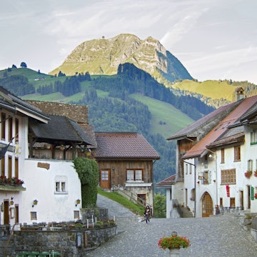 Moleson mountain towering above cobbled streets of Gruyeres.