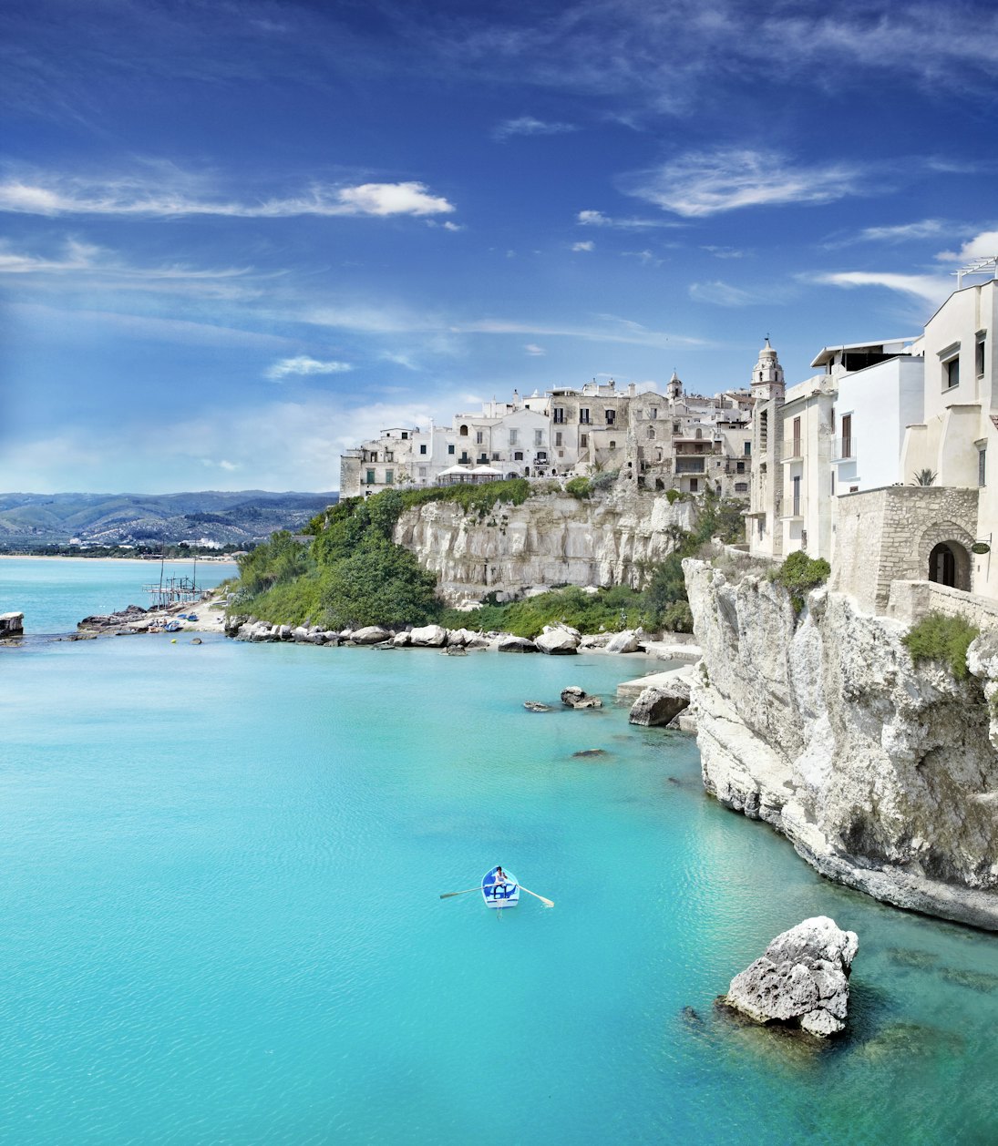 Medieval town of Vieste perched on cliff ridge.