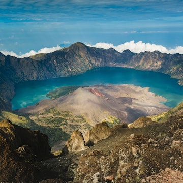 Mount Rinjani (or Gunung Rinjani) is an active volcano in Indonesia on the island of Lombok. Pat Tr/Shutterstock