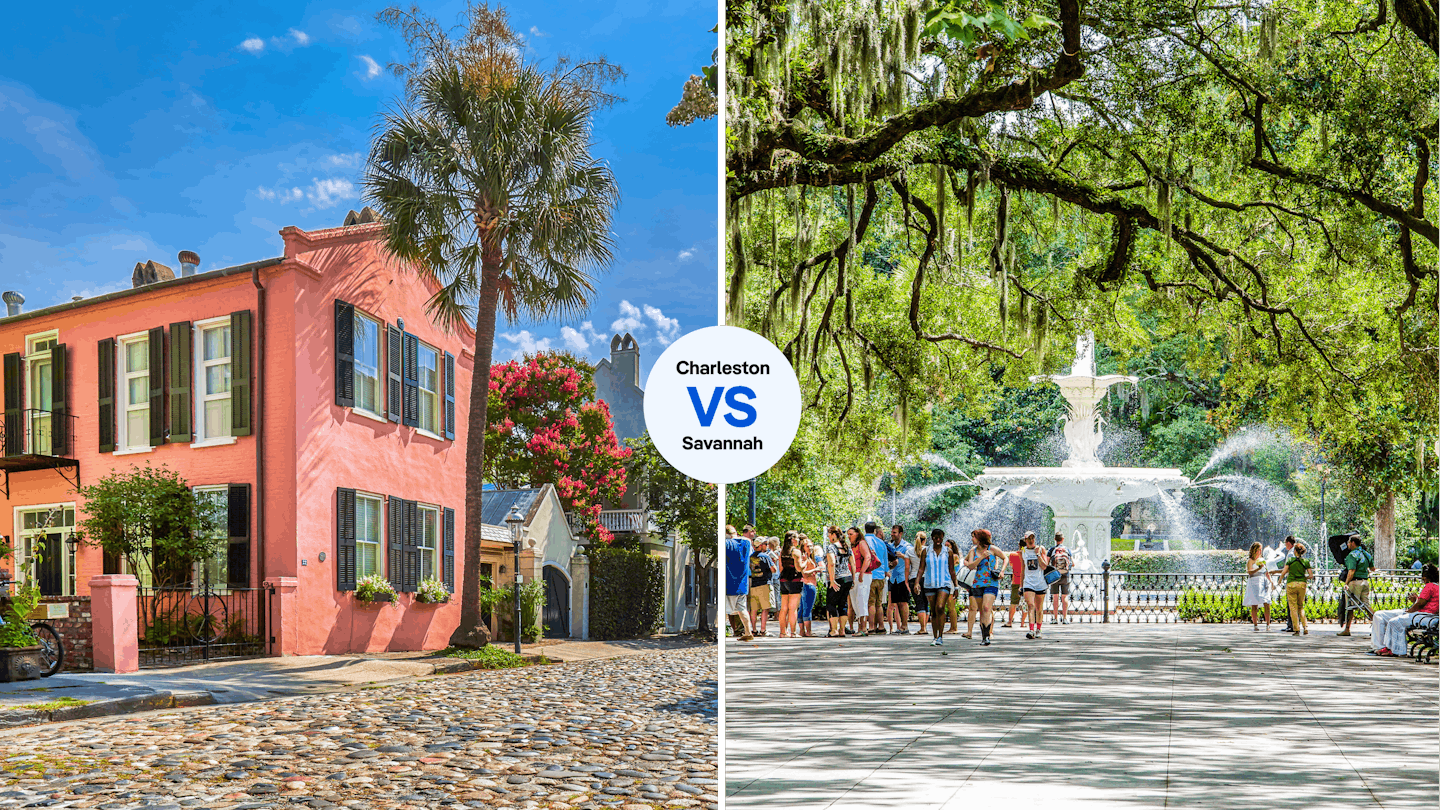 Cobblestoned Chalmers Street and historic buildings in Charleston, South Carolina or Forsyth Park fountain with tourists in Savannah, Georgia.