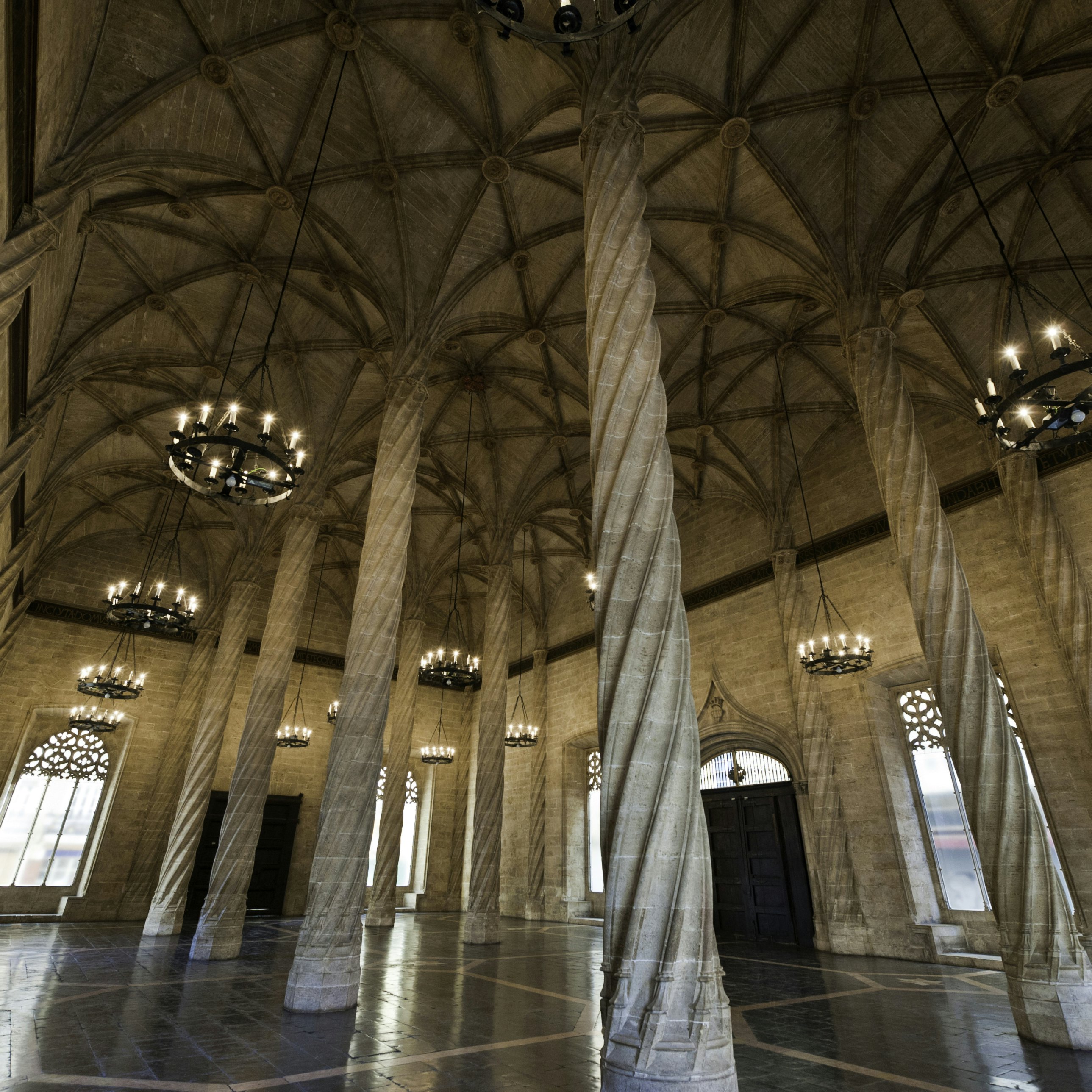 "The slender gothic columns and renaissance vaulted ceiling the the Lonja de la Seda, the Silk Exchange, UNESCO World Heritage Site in the heart of Valencia's old town, Spain. ProPhoto RGB profile for maximum color fidelity and gamut. NB: Slightly grainy ISO 800 image."