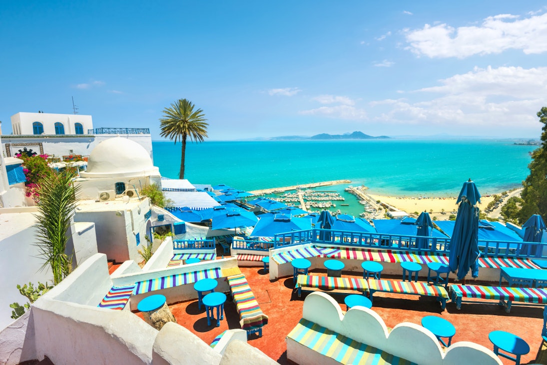 Beautiful view over of seaside and white blue village Sidi Bou Said. Tunisia, North Africa.; Shutterstock ID 686855305; Your name (First / Last): Lauren Keith; GL account no.: 65050; Netsuite department name: Online Editorial; Full Product or Project name including edition: Tunisia Destination Page image update