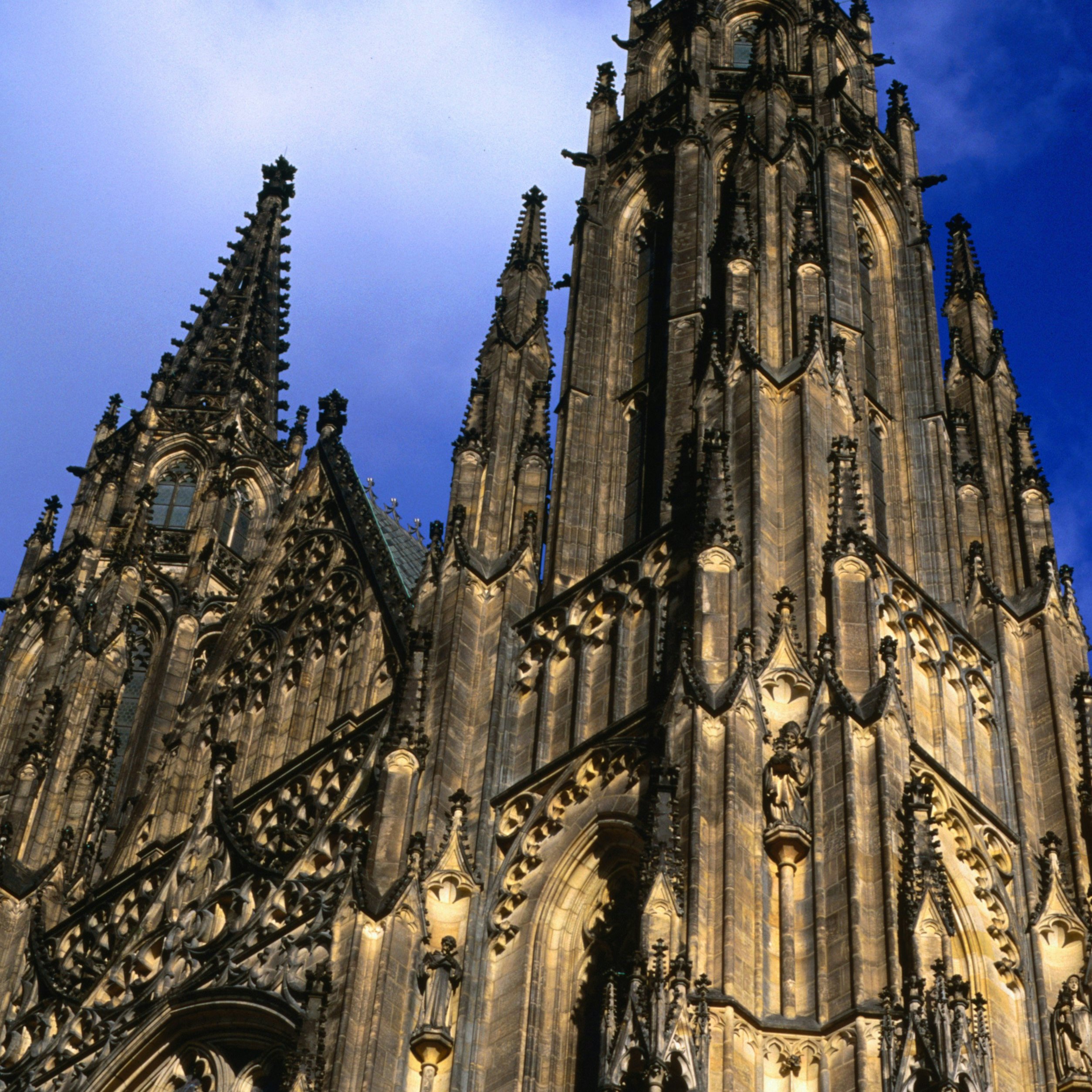 The Gothic towers of Prague's St Vitus's Cathedral. The cathedral is the largest and the most important church in the city.