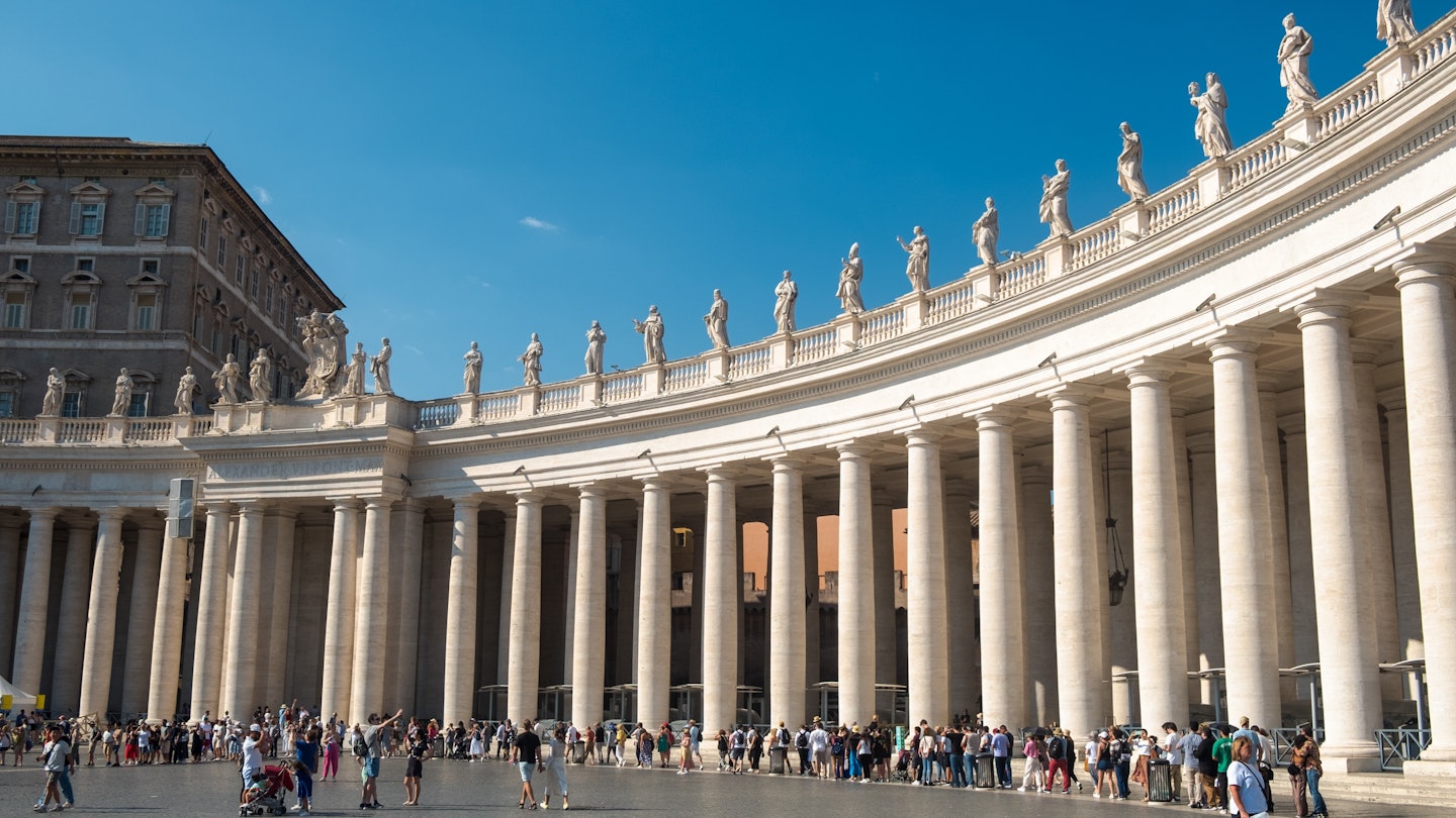 Rome, Lazio, Italy - 09 06 2023: Long queue of people along the right colonnade with the Saint statues at St. Peter's Square, License Type: media, Download Time: 2024-07-01T15:30:23.000Z, User: jillfoley3739, Editorial: true, purchase_order: T&R and Kids, job: 56500, client: Lonely Planet City Travel Guides: Rome, other: Jill Foley - Freelance Photo Editor for Wonderlab