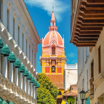 Closeup of the bell tower of the Cathedral of St. Catherine of Alexandria (Catedral de Santa Catalina de Alejandría) in the The UNESCO-listed Old Town of Cartagena, Colombia, License Type: media, Download Time: 2025-05-22T14:24:42.000Z, User: lonelyplanetmedia, Editorial: false, purchase_order: 65050 - Digital Destinations and Articles, job: Global Publishing WIP, client: Global Publishing WIP, other: Pia Peterson Haggarty // SS Comp Ingestion