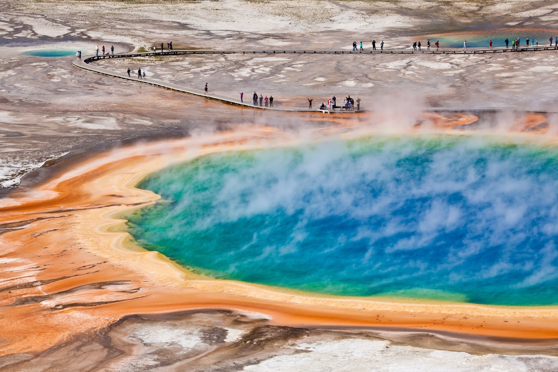 Bird's eye view of Grand Prismatic Spring in Yellowstone National Park.