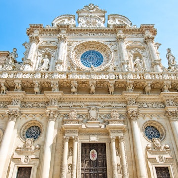 Sculptures on the facade of the Santa Croce Basilica in Lecce.
