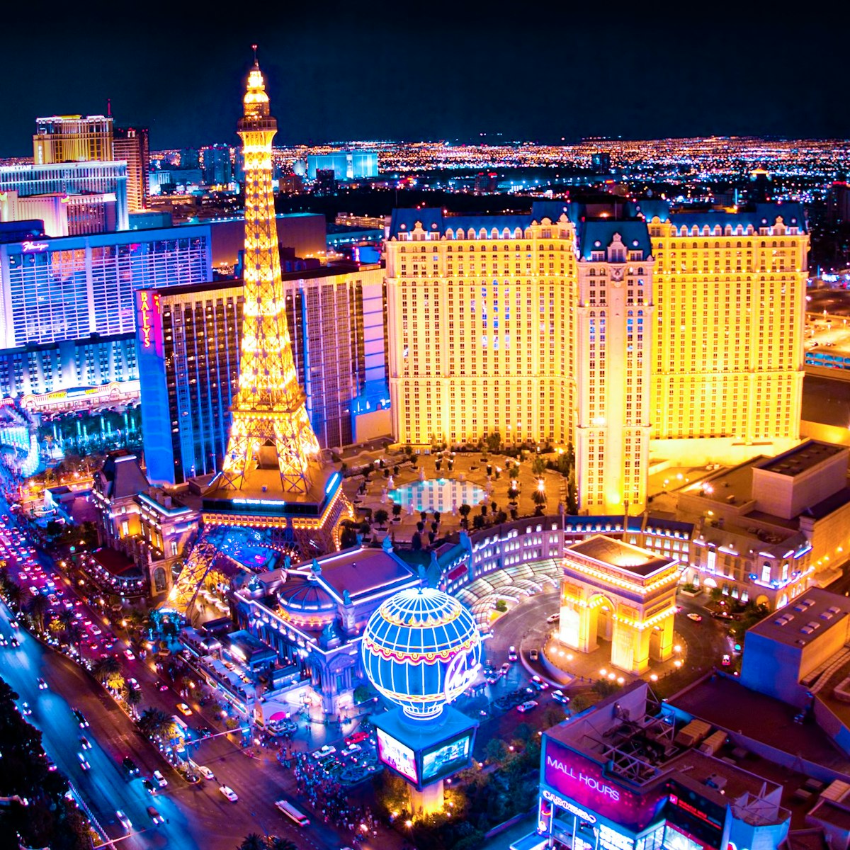 LAS VEGAS, NEVADA - MAY 7: World famous Vegas Strip in Las Vegas, Nevada as seen at night on May 7, 2012. Stretching 4.2 miles, the Strip is home to the largest hotels and casinos in the world