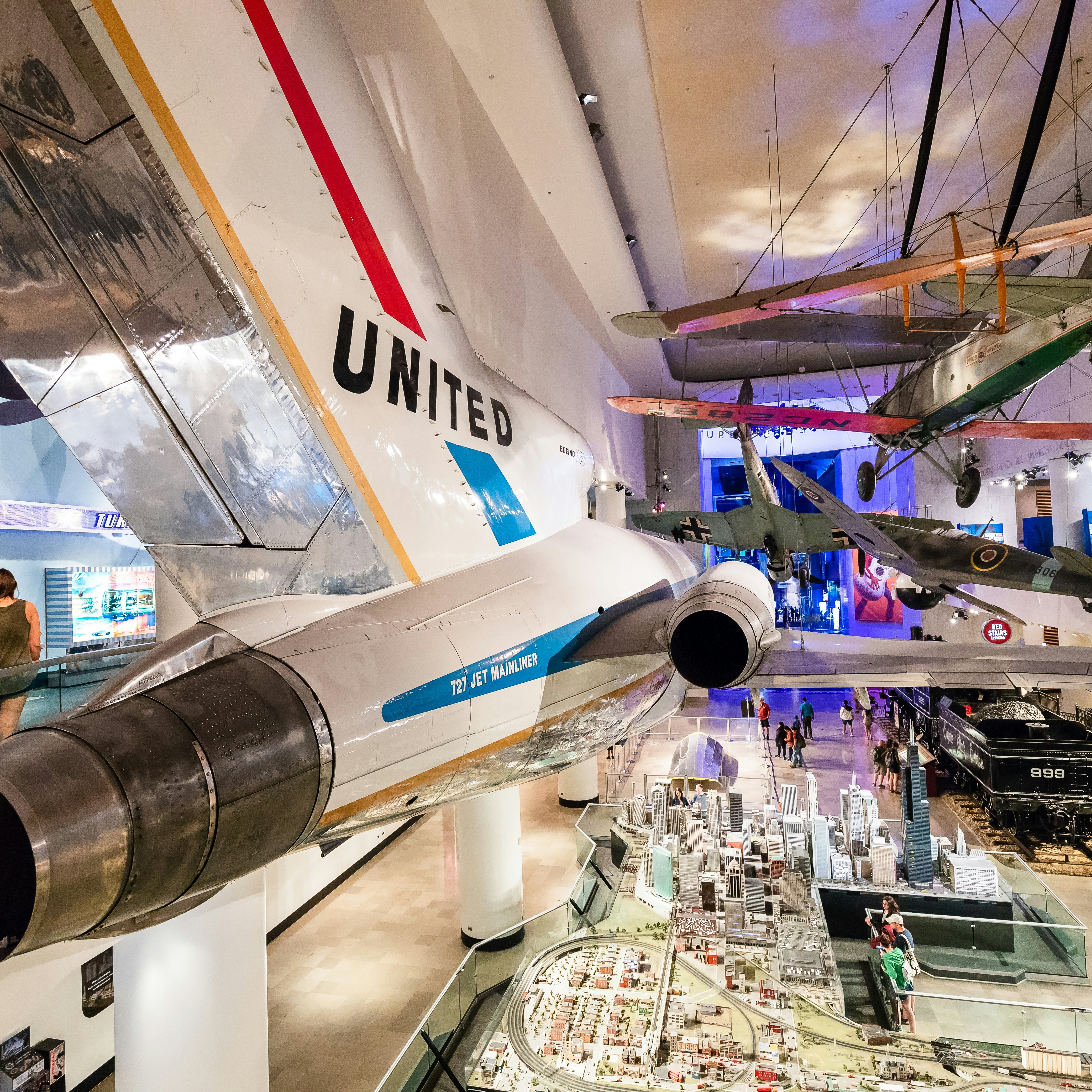 JUNE 24, 2018: Planes hanging from the ceiling inside the Museum of Science and Industry.