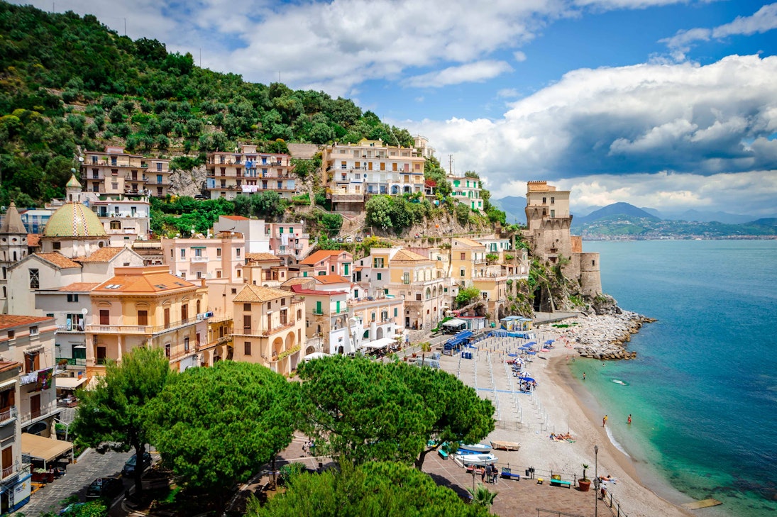 Cliff-side buildings on the coast in Cetara.
