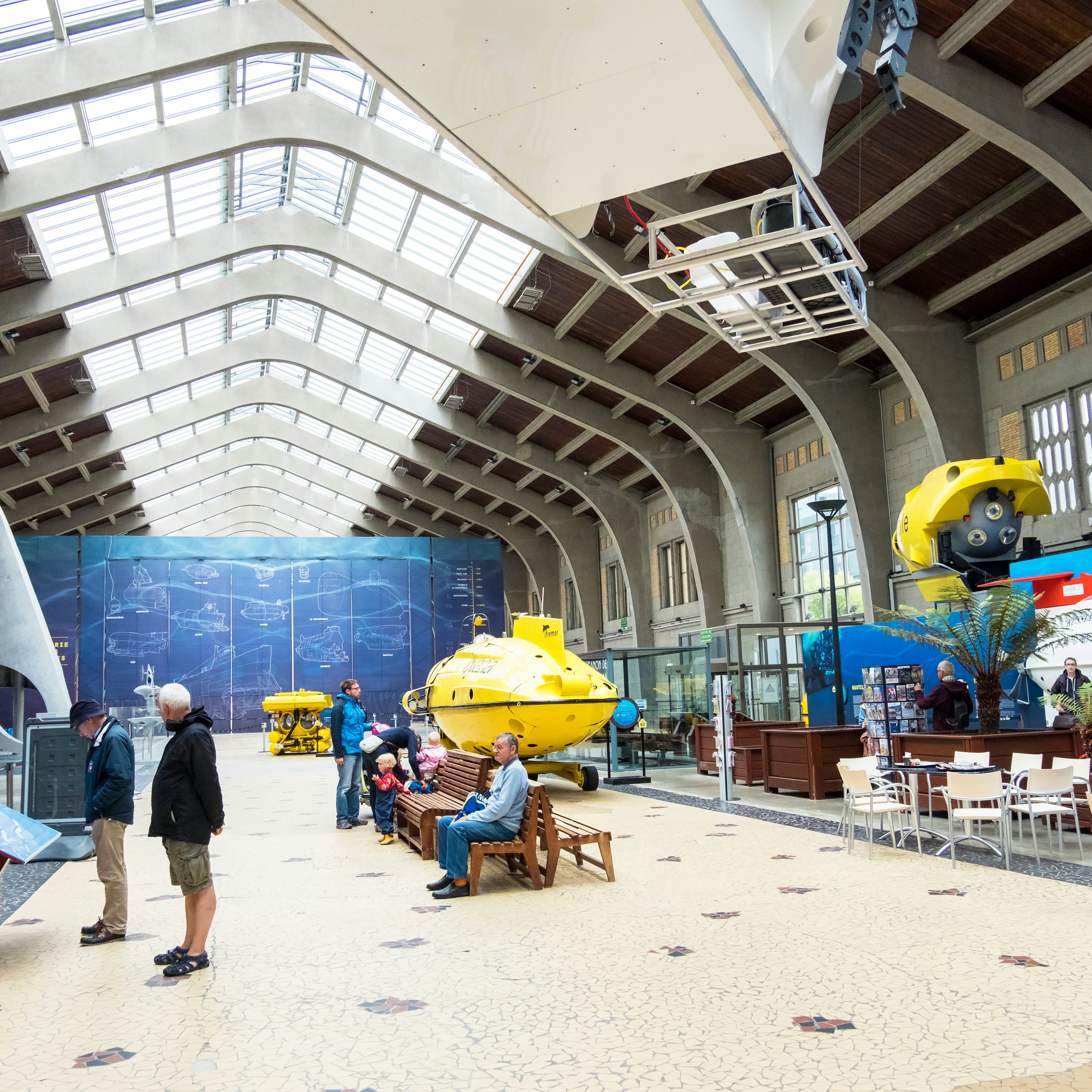 The Great Hall with famous bathyscaphes in the maritime museum La Cite de La Mer in Cherbourg, France.